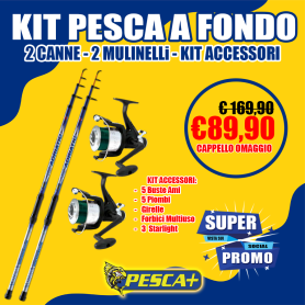 KIT PESCA A FONDO - 2 CANNE ADRIATIC 250GR - 2 MULINELLI - KIT ACCESSORI