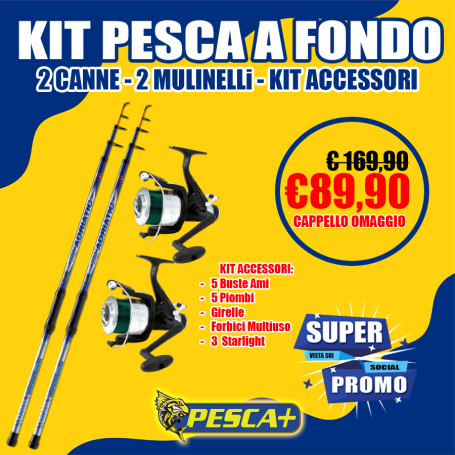 KIT PESCA A FONDO - 2 CANNE ADRIATIC 250GR - 2 MULINELLI - KIT ACCESSORI