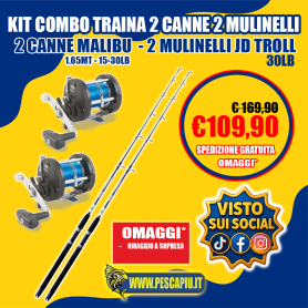KIT COMBO TRAINA 2 CANNE MALIBU 15-30LB - 2 MULINELLI JD TROLL 30