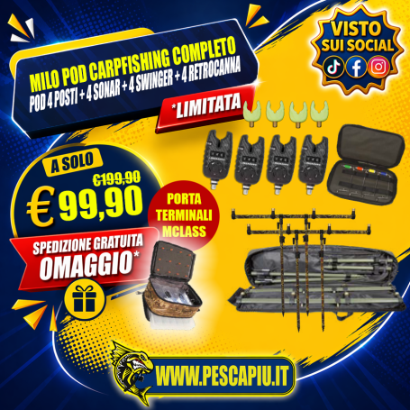 MILO POD CARPFISHING COMPLETO DI TUTTO 4 POSTI + 4 SEGNALATORI ACUSTICI + 4 SWINGER MCLASS + 4 POGGIA CANNE RETRO