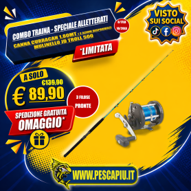 COMBO TRAINA SPECIALE ALLETTERATI - CANNA CURRACAN 1.80MT + JD TROLL 500 + 3 FILOSE OMAGGIO